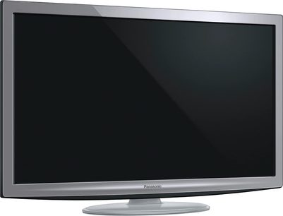 Panasonic TX-LF32G20S sort fladskærms-tv, slukket, set forfra, stående på en gråmetallic-farvet holder