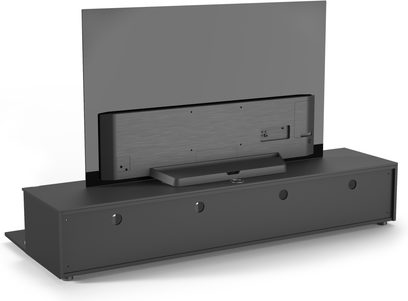 Szafka TV Spectral Next NXS2000-BG w ciemnym szarym kolorze, widok z przodu, z opuszczaną klapą, szufladą i półką na sprzęt audio-wideo