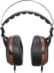 Otevřená hifi sluchátka Sivga P-II ořech, černý hlavový most, černé oválné náušníky, kulaté dřevěné měniče, černý pletený kabel