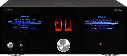Amplificatore hi-fi stereo Advance Paris A10 Classic nero, vista frontale, display blu, due vu-metri rossi illuminati, manopola argentata