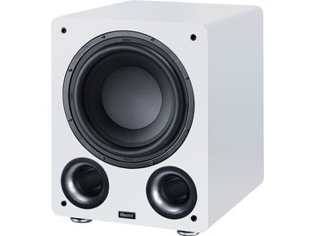 Vit subwoofer Alpha RS 12 med rektangulärt kabinett, svart cirkulär högtalare i mitten, 2 runda basreflexportar på framsidan