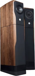 Enceinte colonne Chario Academy Sovran en placage noyer verni, façade noire avec un haut-parleur médium-grave circulaire et un tweeter alignés, vue trois-quarts avant, base noire massive