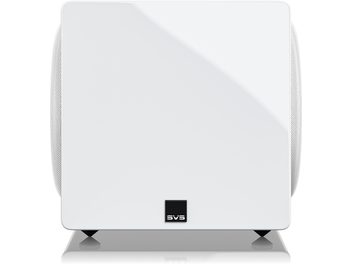 SVS 3000 Micro subwoofer i hvit lakk, sett forfra med kompakt kabinett og sidegriller