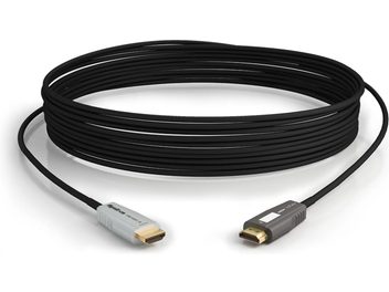 Cabo HDMI Wyrestorm CAB-HAOC-10 preto, com conectores prateados nas extremidades, enrolado em espiral sobre um fundo branco, vista superior