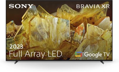 Sony XR65X90L højdefinitions-tv, set forfra, skærm viser gule krystaller, sorte fødder, hvid tekst