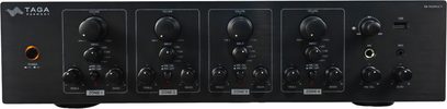 Amplificatore hi-fi stereo Taga Harmony TA-900MULTI, vista frontale, 4 zone con manopole per il volume, alti, bassi, ingressi USB e MP3