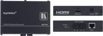 Kramer 631T/631R optický HDMI predlžovač, pohľad spredu, čierne skrinky s konektormi HDMI, Ethernet a napájanie