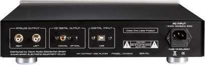 Reproductor de CD Cayin CS-55CD DAC, carcasa de metal negro con patas cilíndricas plateadas, vista trasera mostrando tomas analógicas RCA derecha e izquierda, salidas digitales coaxial y óptica, puerto USB cuadrado y toma de corriente IEC