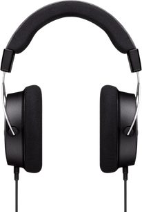 Sluchátka Beyerdynamic Amiron home s otevřenou konstrukcí, pohled zepředu, černý polstrovaný oblouk, kulaté černé náušníky, černý kabel