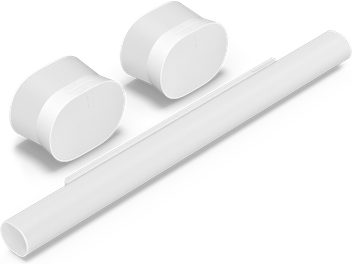 Sonos ARC Ultra soundbar and two Era 300 speakers, angled view, matte white finish, sleek and rounded design