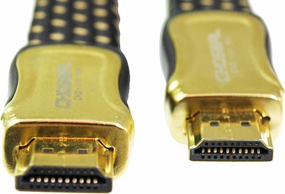 HDMI kabel Choseal CHD-1222 5 m, pozlacené konektory, detailní pohled na obě mužské koncovky, horní strana
