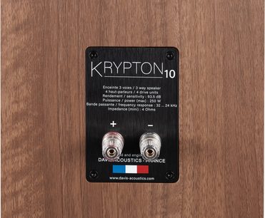 Sloupcový reproduktor Krypton 10 Classik s černým obdélníkovým zadním panelem, bílými technickými nápisy a 2 průhlednými svorkovnicemi