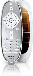 Philips 42PFL6805H sølvfarvet fjernbetjening med LCD-skærm, numeriske knapper og navigationsknapper, set forfra på hvid baggrund