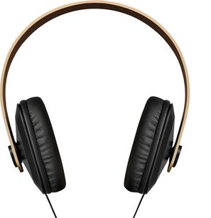 Черни hi-fi слушалки Kaiku Lite със светла дървесна шарка на лентата за глава и черни околоушни възглавнички