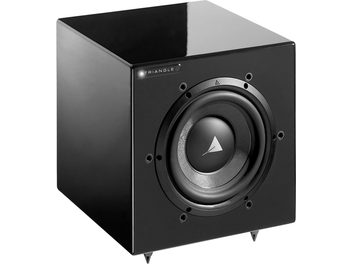 Triangle Meteor 0.5 WiFi sort subwoofer, frontvisning, central rund højttaler, koniske fødder