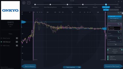 Dirac Live interface for Onkyo TX-RZ50 5.1 AV amplifier with multicolor frequency response curve