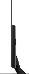 Televizor Panasonic TX-65GZ950E, vedere laterală, ecran plat, ramă subțire neagră, picior rectangular negru