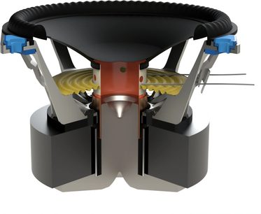Paradigm Founder 80F floorstanding speaker in walnut finish, exploded view showing the woofers, tweeter, and internal waveguides