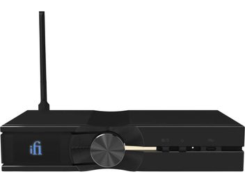 iFi Audio Neo Stream 3 svart nätverksspelare framifrån, silverfärgad mittknapp, blå logotyp på skärmen och antenn på baksidan