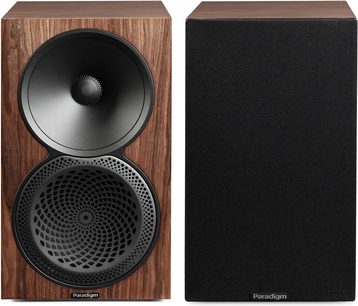Diffusore da scaffale Paradigm Premier 120B v2 noce, vista frontale con pannello frontale in legno di noce e griglia nera rimovibile