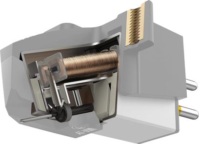 Audio Technica AT-VM95ML phono cartridge in light gray plastic and metal, three-quarter front view in cross-section revealing copper coil and diamond stylus support