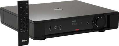 Amplificateur intégré Rega Mercury noir avec grand bouton de volume en façade et télécommande