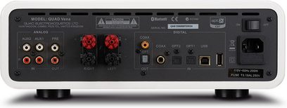 Ampli hi-fi stéréo Quad Vena laqué blanc, vue de face, connectiques analogiques et numériques, boutons et voyants
