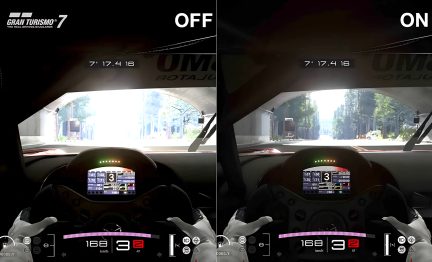 Comparativa de Gran Turismo 7 en vista de cabina de coche de carreras con el brillo HDR desactivado y activado lado a lado