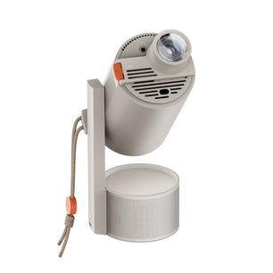 Replacement lens for XGIMI projector, angled view, gray cylinder, lens on top, black grille, beige cord
