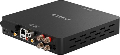 Amplificador FiiO Air Amp negro visto en perspectiva de tres cuartos desde atrás, con conectores, bornes y ranuras de ventilación laterales