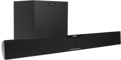 Sort Klipsch SB-3 soundbar bestående af en mat subwoofer og en blank soundbar, set forfra