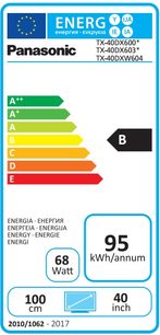 Etiqueta energética europeia B para uma TV Panasonic TX-40DX600 que consome 95 kWh/ano, 68 W ligada, 40 polegadas