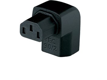 Black matte plastic IEC 90˚/2 Audioquest connector, with two cylindrical pins and one flat pin, viewed from the front