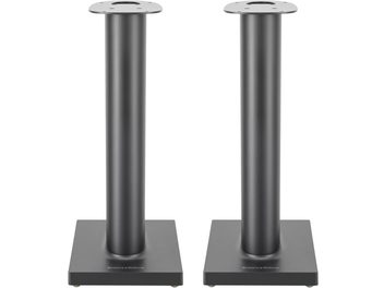 Zwei schwarze, zylindrische Metallständer für Bowers & Wilkins Formation FS Duo Lautsprecher, frontal auf weißem Hintergrund abgebildet