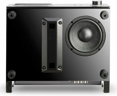 Stereo hi-fi zesilovač Focal Power Bird černý, pohled zepředu, černý obdélníkový box s centrálním kulatým reproduktorem