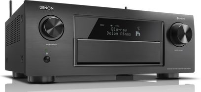 Denon AVR-X6300H sort hjemmebiografsforstærker, frontvisning, Blu-ray Dolby Atmos-display, kontrolknapper og -hjul