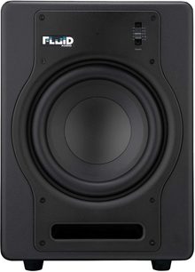 Forstærket monitorhøjttaler Fluid Audio F8S sort set forfra, rundt højttalerelement, diskanthøjttaler, logo