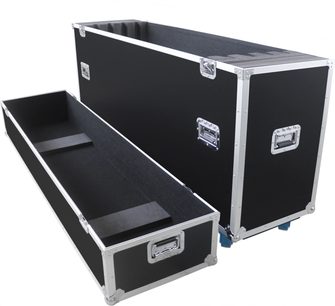 Power Acoustics Flight 4 écrans 50/65 ekran taşıma kasası, siyah ve gümüş renkli, ayrı kapaklı, açık halde