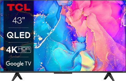 TCL 43QLED 4K HDR Pro Google TV, skærm tændt der viser abstrakte farverige former i rosa, blå og gul
