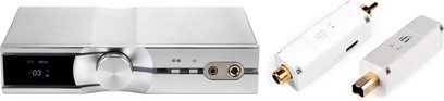 Stříbrný audio převodník DAC iFi Audio IDSD NEO Performance Edition, pohled zepředu a z boku, s konektory a tlačítky
