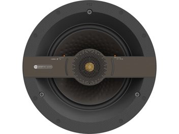 Indbygningshøjttaler Monitor Audio C2M-CP rund sort og guldfarvet, mørkegrå centralhøjttaler, metalgitter