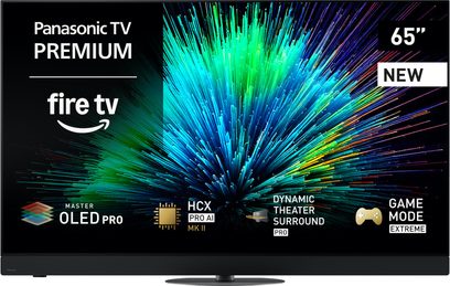 Panasonic TV-65Z90B sort højopløsnings-tv, slankt metal- og plastikramme, stor OLED-skærm med farverige grafikker, monteret på en slank oval midterfod, set forfra