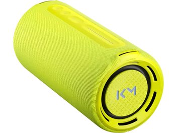 Bærbar Bluetooth-højttaler Loewe We. HEAR pro i fluorescerende gul, cylindrisk format med tekstilgitter og betjeningsknapper på toppen