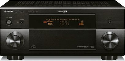 Yamaha DSP-Z7 sort hjemmebiografsforstærker, frontpanel, frontvisning, 2 drejeknopper, orange display, 2 hovedtelefonstik