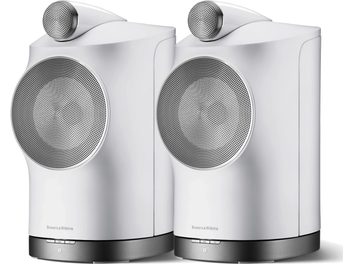 Două boxe wireless Bowers & Wilkins Formation Duo albe, vedere frontală, grilaje rotunde, carcasă cilindrică albă