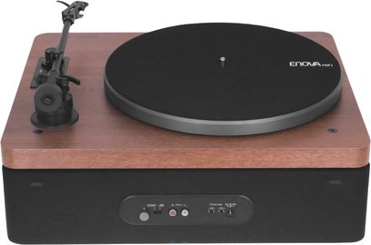 Gramofon Enova HIFI VELA VP4, dřevěný podstavec, černý talíř, rameno vlevo, přední panel s RCA konektory a přepínačem, pohled zepředu