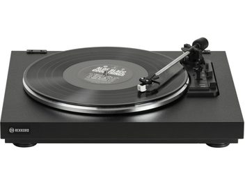 Giradischi hi-fi Rekkord Audio F110 nero, piatto rotondo, braccio con testina AT3600, alcuni controlli, vista dall'alto