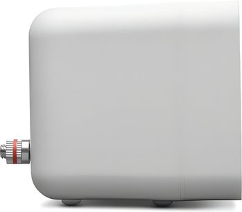 Cambridge Audio MSX10 witte subwoofer in profielaanzicht, compact ontwerp met afgeronde hoeken en zijconnector