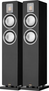 Coppia di diffusori da pavimento AudioVector QR3 SE neri, cabinet in legno nero opaco, due altoparlanti mid-woofer grigio argento e tweeter a nastro dorato allineati verticalmente sul pannello frontale, vista frontale leggermente angolata