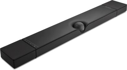 DEVIALET DIONE zwarte soundbar, bovenaanzicht, langwerpige rechthoekige vorm, matzwarte afwerking, centrale sferische luidspreker